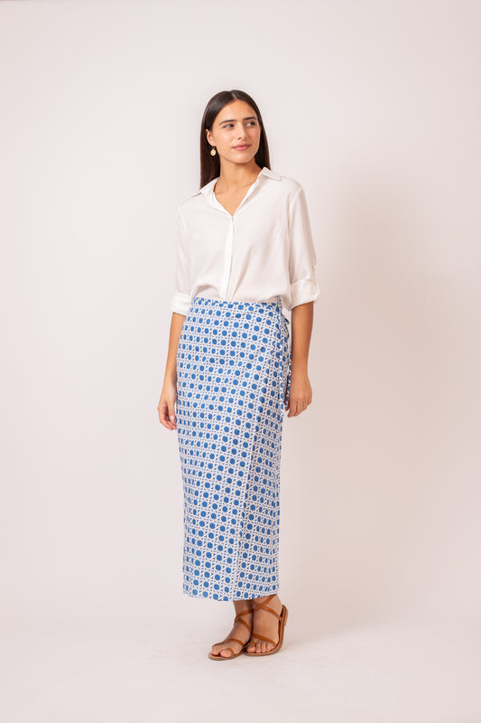JUPE LONGUE PORTEFEUILLE MOTIF BLEU