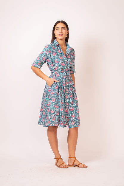 ROBE CHEMISE MI LONGUE FLEURS ROUGES