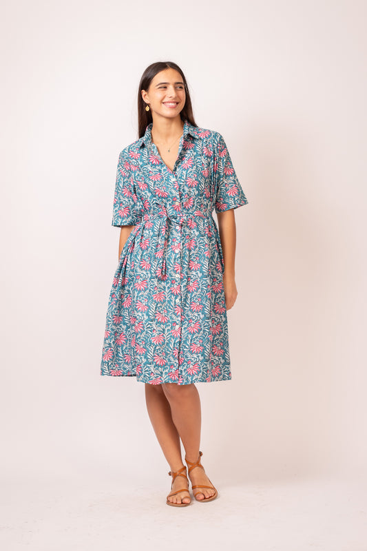 ROBE CHEMISE MI LONGUE FLEURS ROUGES