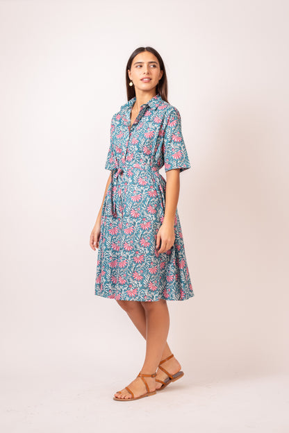 ROBE CHEMISE MI LONGUE FLEURS ROUGES